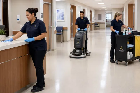 America team in a clinical corridor: reception counter, floor scrubbing and a stocked service cart