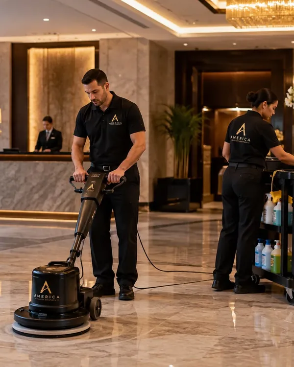 America technician polishing the marble floor of a hotel lobby while a colleague works from a service cart