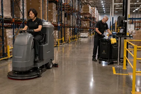 Warehouse aisle with high racking and clear floor lanes