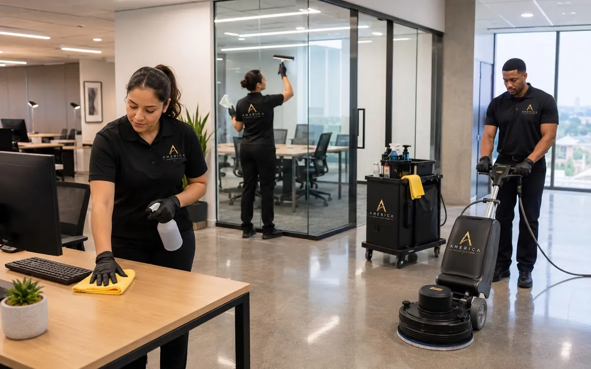 America team working across an open-plan office: desks, glass partitions and floor care