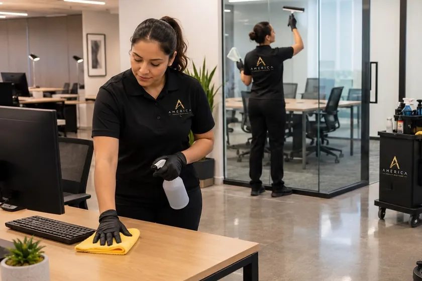 America cleaner disinfecting a desk in an open-plan office